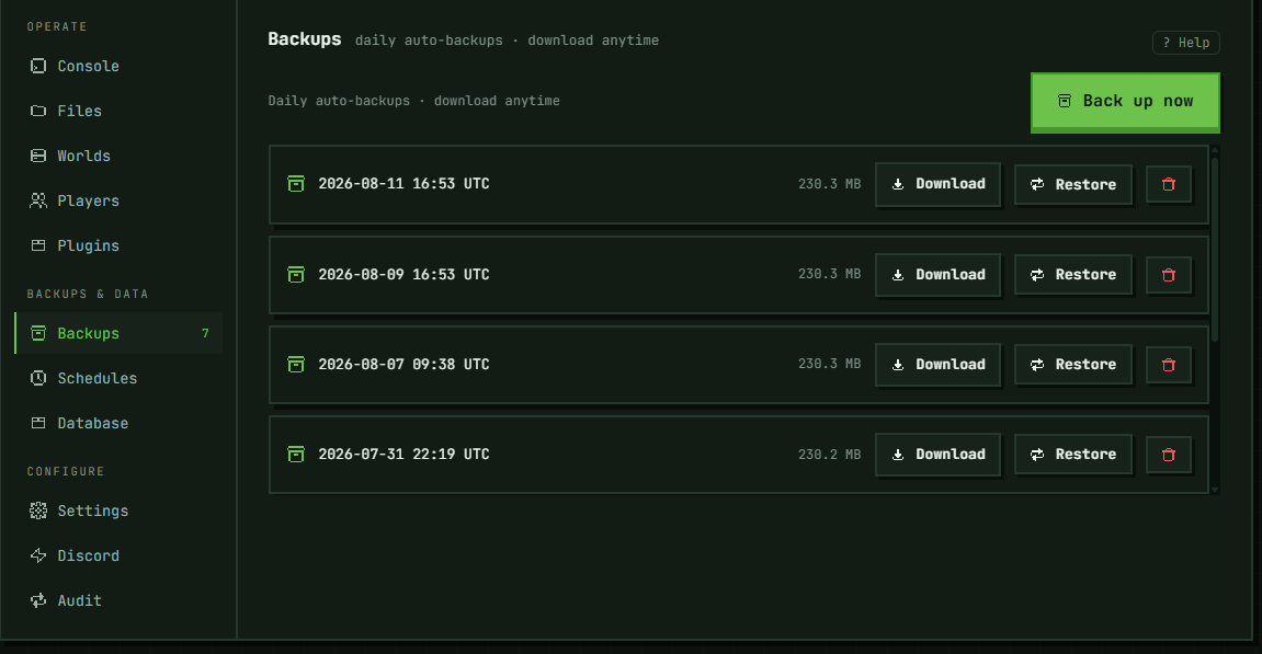 The Backups section: Back up now above the list, and the archives newest first with their size, each offering Download, Restore and delete. Restore is available here because the server is asleep; on a running server it is greyed out.