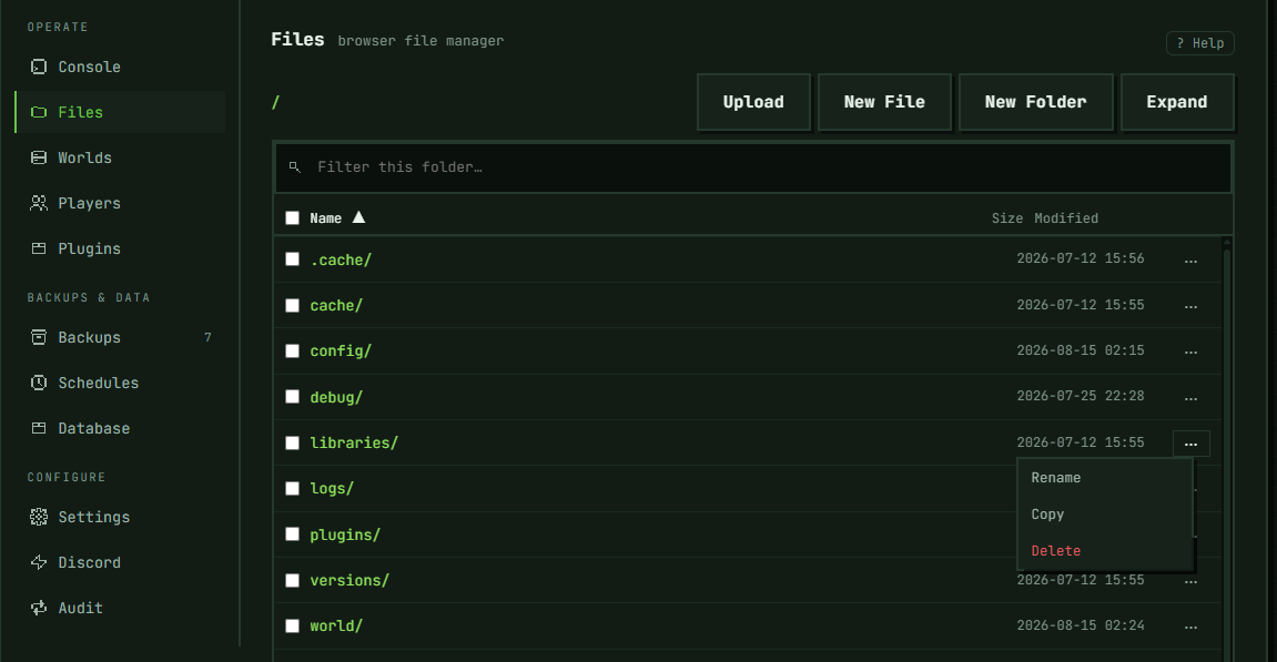 The Files section: breadcrumbs, the filter box, sortable columns, and a folder row's menu open — Rename, Copy and Delete, with no Download, because only files can be downloaded one at a time.
