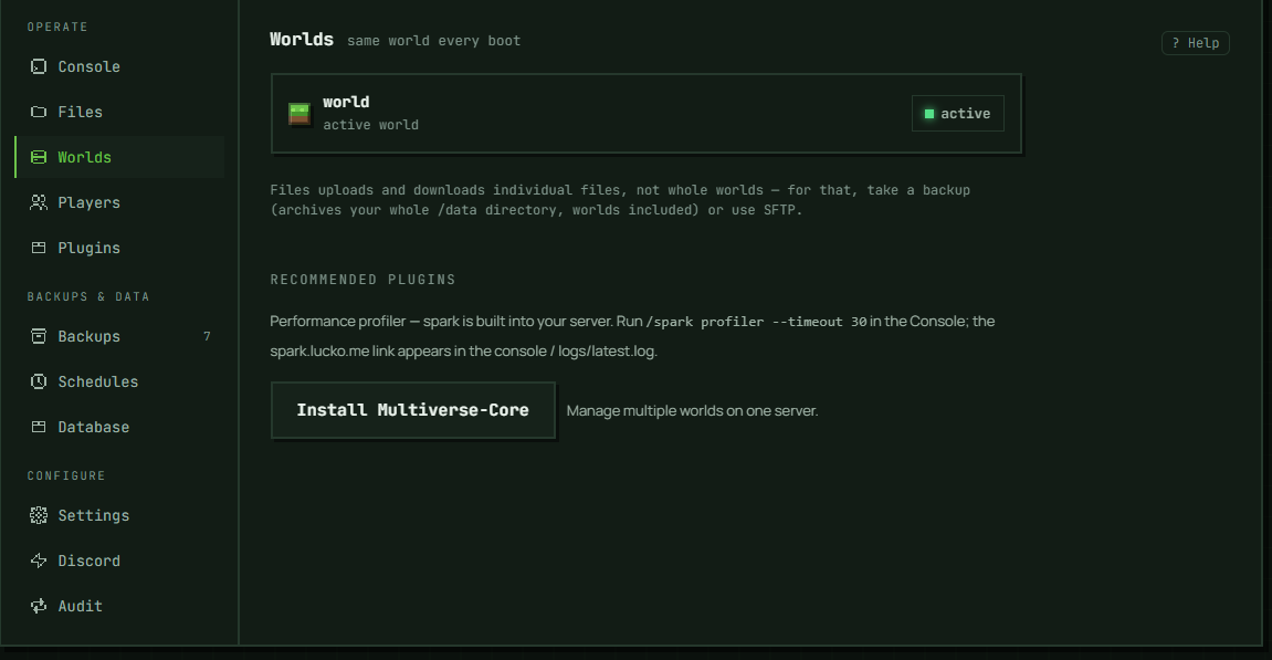 The Worlds section: the active world, and underneath it the panel's own note that Files moves individual files rather than whole worlds — take a backup or use SFTP for that.
