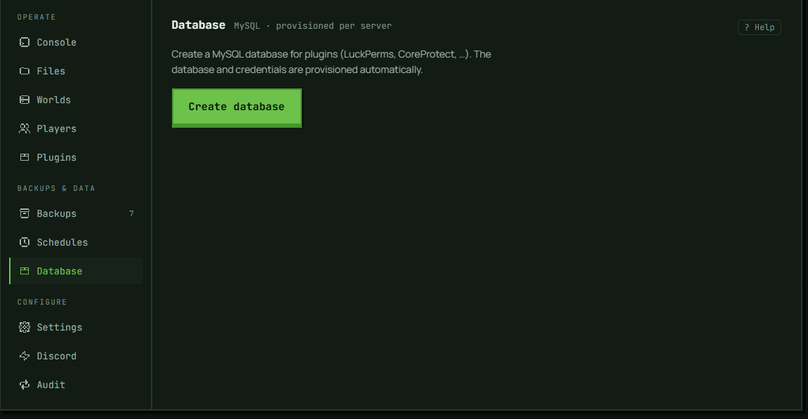 The Database section before one exists: the panel offers a single Create database button, which is why the "already exists" error usually means a stale view.