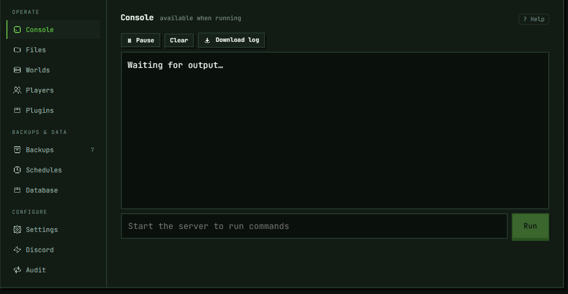 The section rail on a server's page, with its three groups and the contextual ? Help link that opens the article for whichever section you are in.