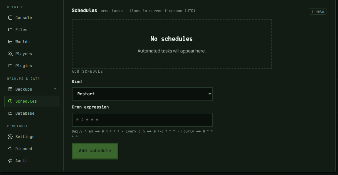 The Schedules section with no schedules yet: the Kind picker, the cron field with worked examples underneath, and the Add schedule button.