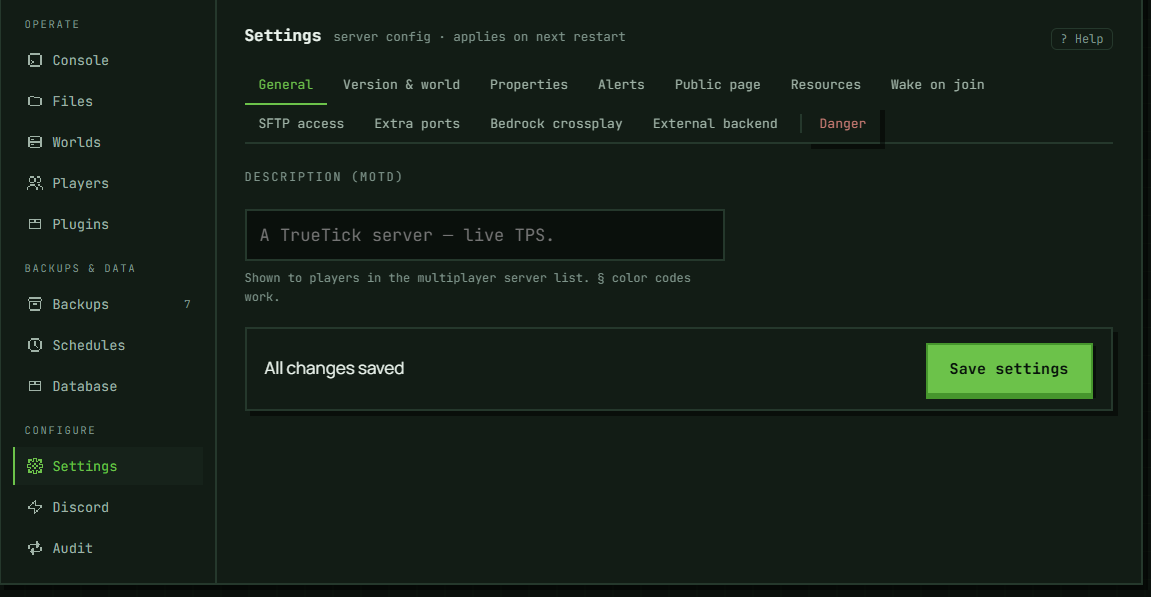 The Settings section: the full tab strip — twelve tabs, including Resources, which a free-plan server does not get, and Bedrock crossplay, which only plain Paper and Purpur do — with the save bar underneath.