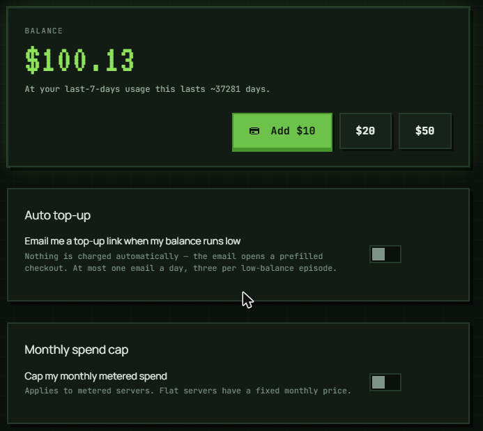 The Wallet page: the balance with the top-up amounts, and the Auto top-up and Monthly spend cap cards, each stating in the panel what it does and does not do.
